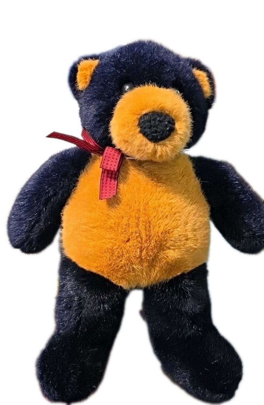Vintage 18" Dakin Plush Bear Black & Tan with Plaid Bow 1992